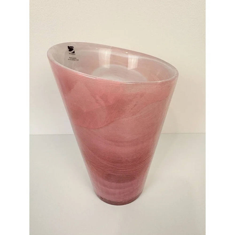 SEA Glasbruk Sweden Pink Swirl Art Glass Vase Hand Painted 7 Inch Classic